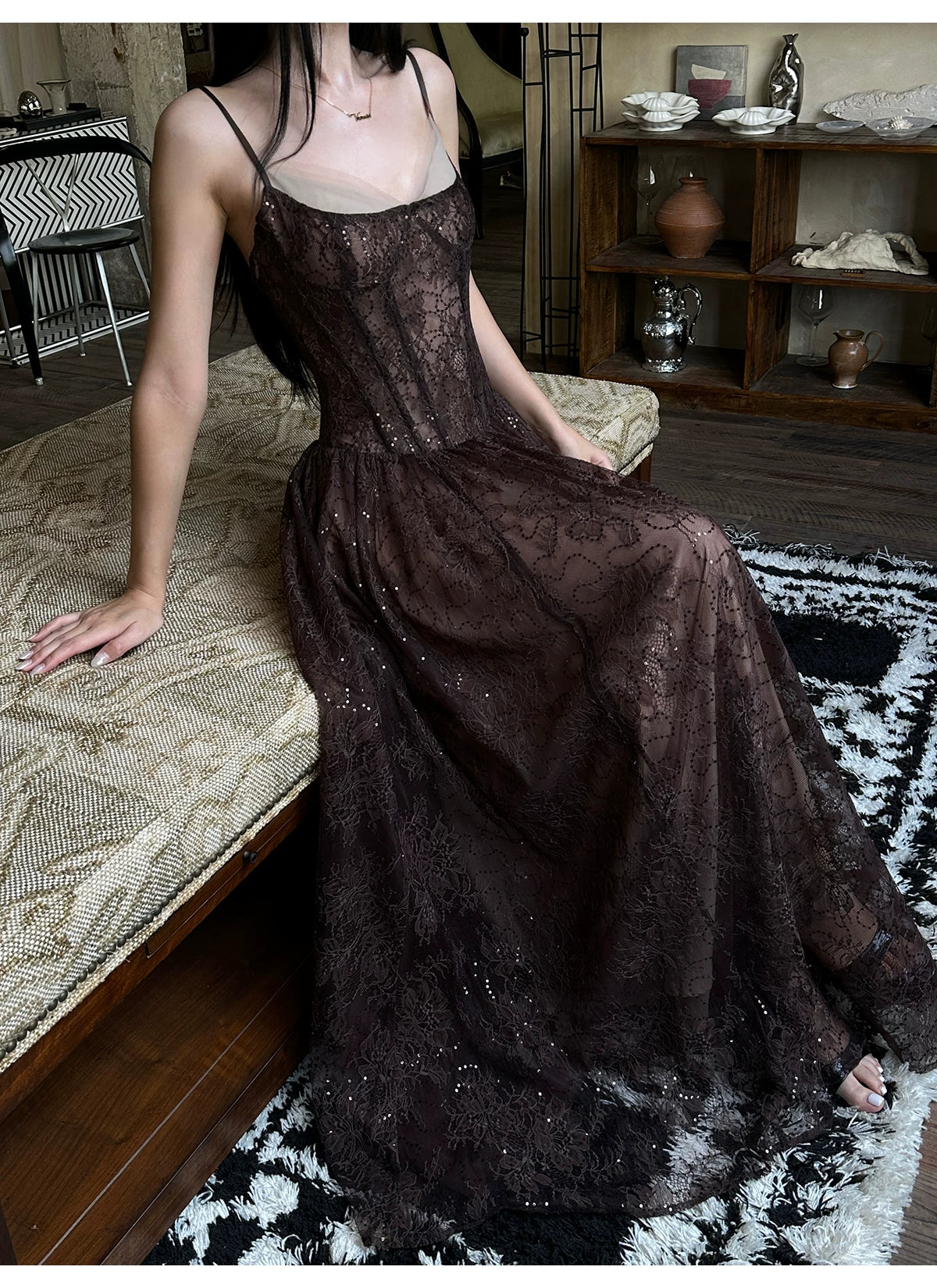 Floral Lace Corset A Line Maxi Dress - detail or back view