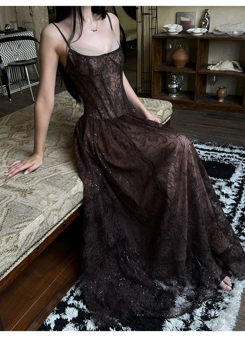 Floral Lace Corset A Line Maxi Dress - detail or back view