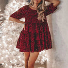 Women's Round-Neck Short-Sleeve Sequin Evening Dress - Burgundy