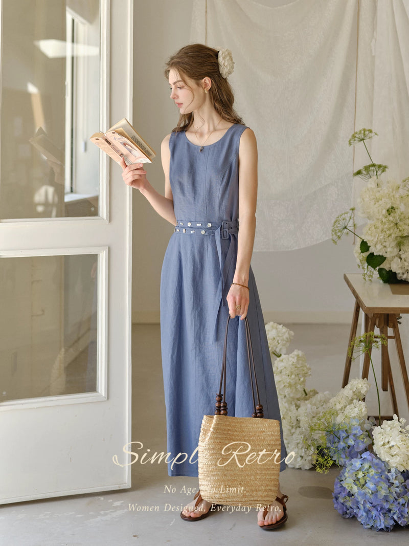 Women's Linen Lyocell Blend Sleeveless Midi Dress | A-Line Belted Dress