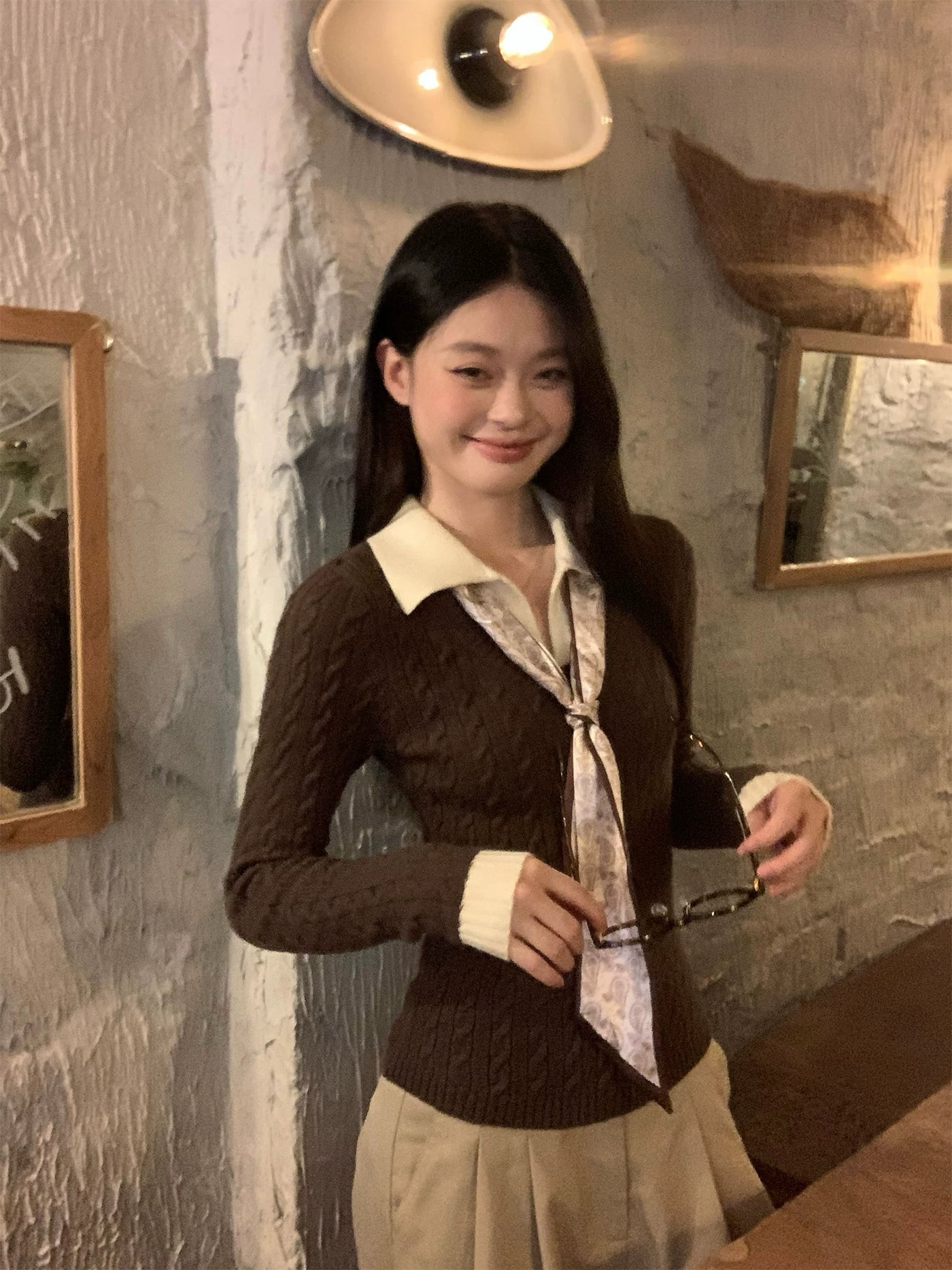 宋正恩咖色Polo领假两件针织衫女毛衣秋季内搭修身短款长袖小上衣