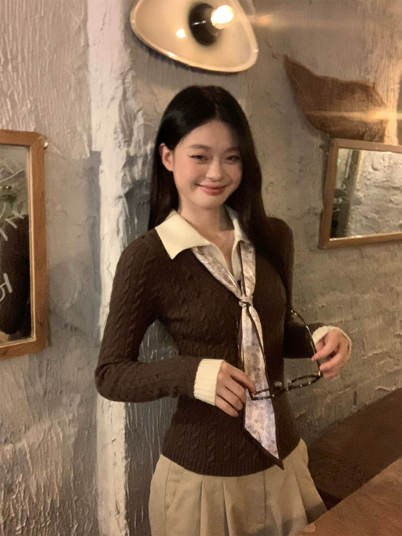 宋正恩咖色Polo领假两件针织衫女毛衣秋季内搭修身短款长袖小上衣