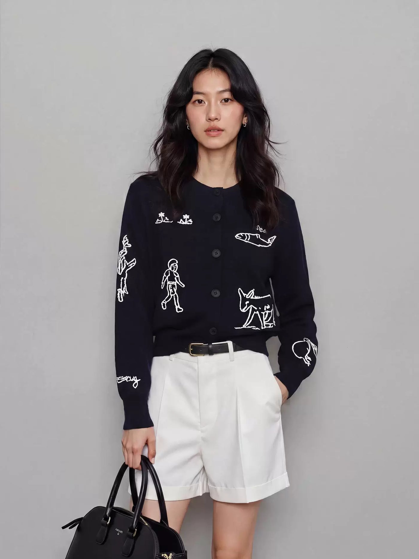 Basic House/百家好藏蓝色绣花针织开衫外套女2026秋季巨好看毛衣