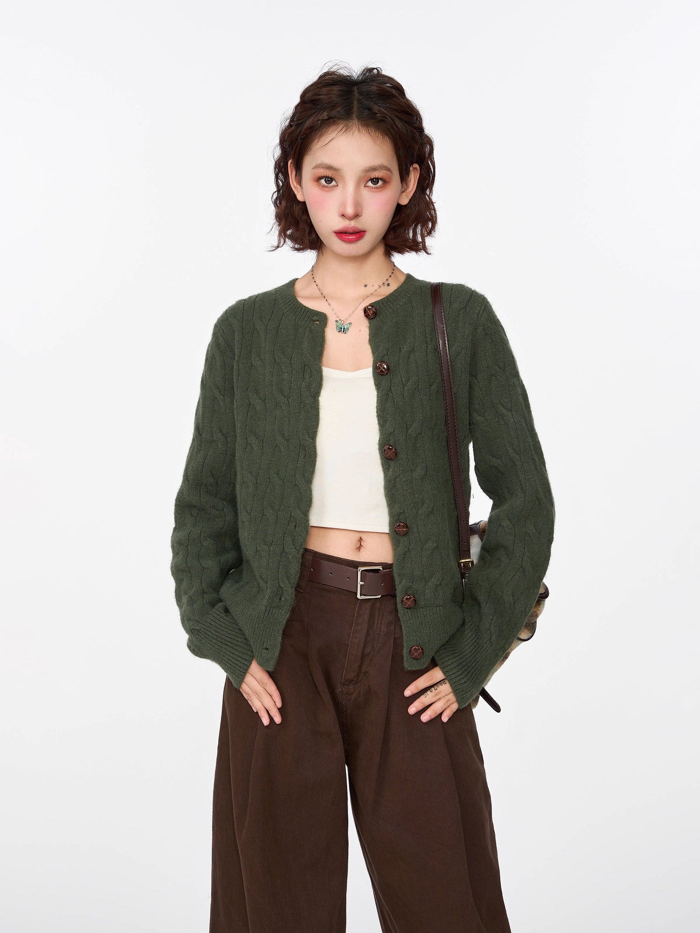 绿色麻花毛衣开衫外套女早春春季韩系内搭打底短款针织衫长袖上衣