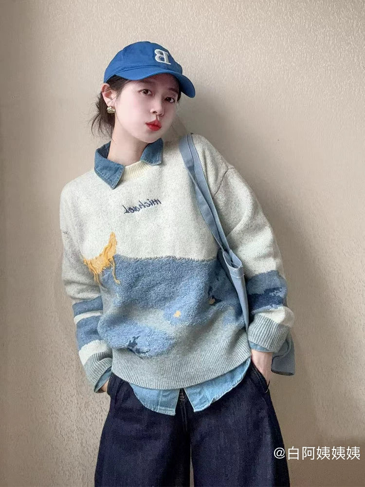对白艺术画作联名慵懒宽松提花毛衣女2026秋新款绵羊毛混纺针织衫