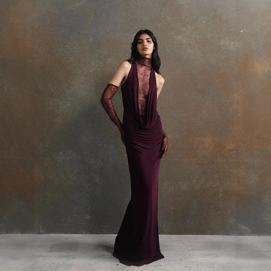 Women's Halter Lace Ruched Evening Dress