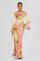 Floral Bell-Sleeve Maxi Evening Dress