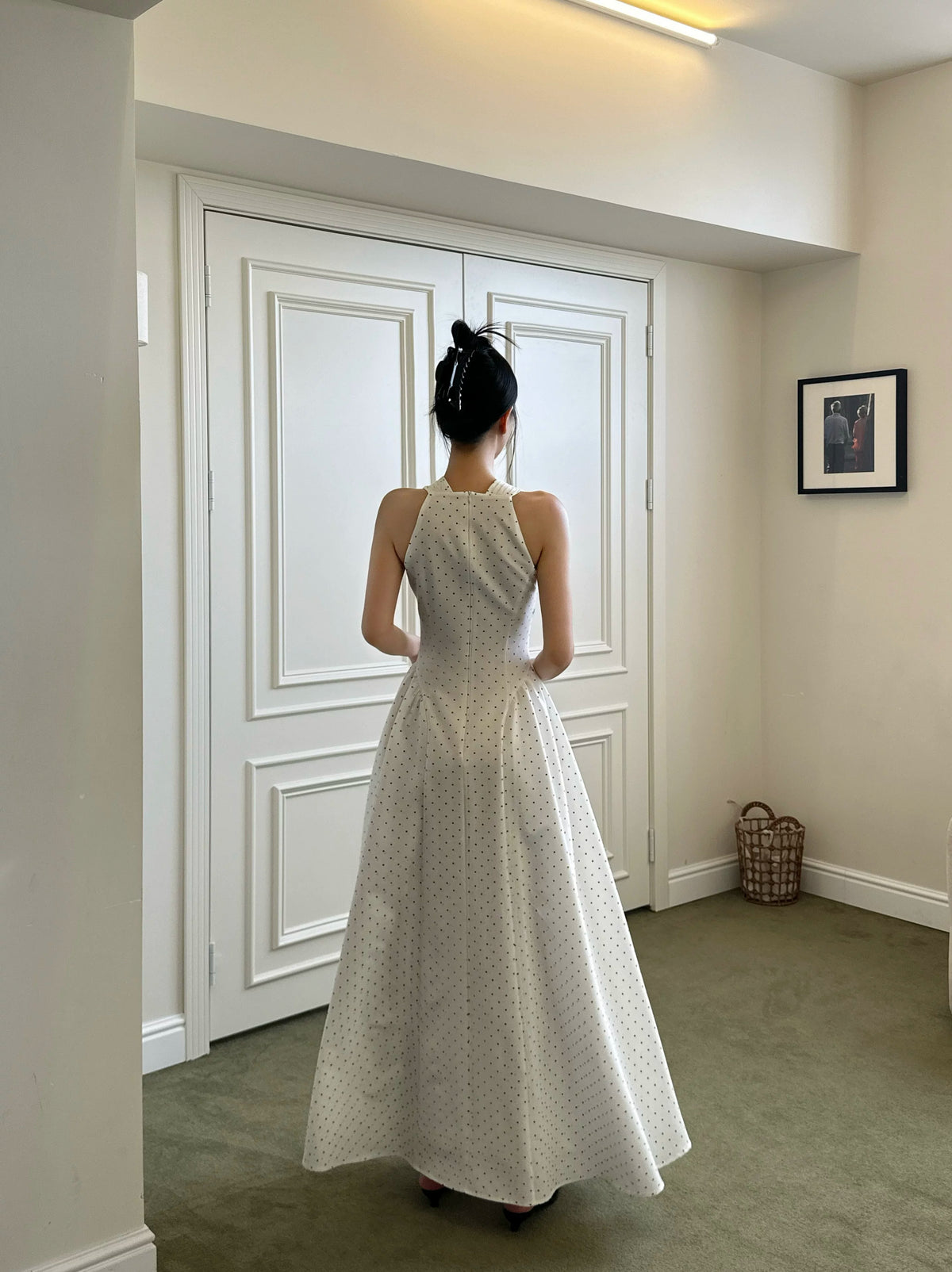 White Polka Dot Plunge Halter Maxi Dress - detail or back view