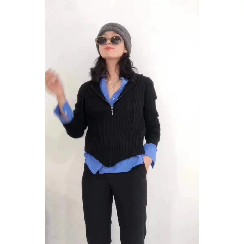 蓝色拉链毛衣外套女秋冬新款超好看针织开衫连帽卫衣内搭打底上衣