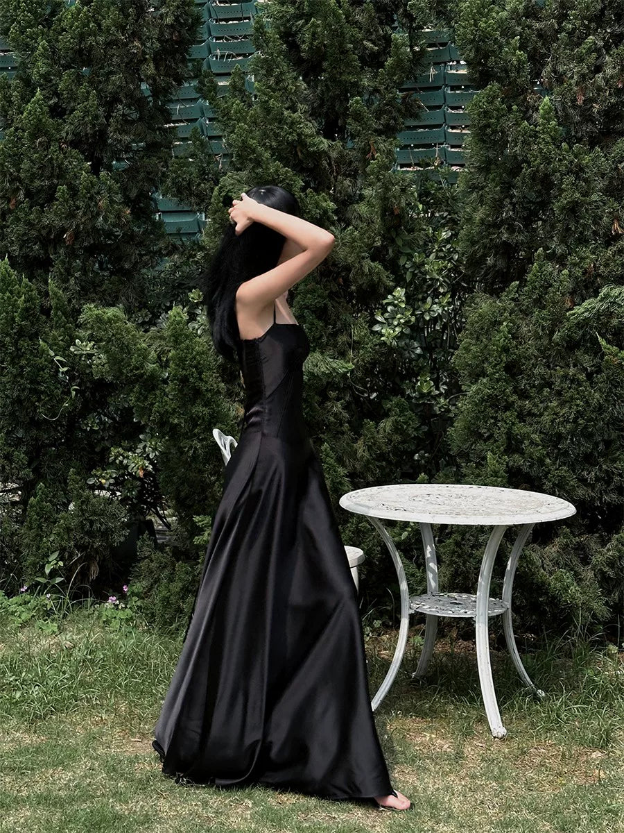 Satin Corset Drop Waist A Line Maxi Dress - Black