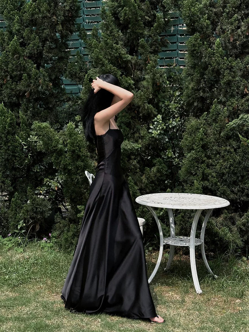 Satin Corset Drop Waist A Line Maxi Dress - Black