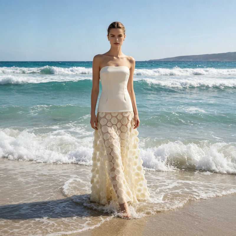 Women's Strapless Mesh 3D Floral Maxi Evening Dress