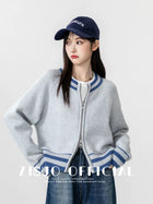 2026春秋新款双拉链灰色毛衣外套女宽松针织棒球服开衫短款上衣潮
