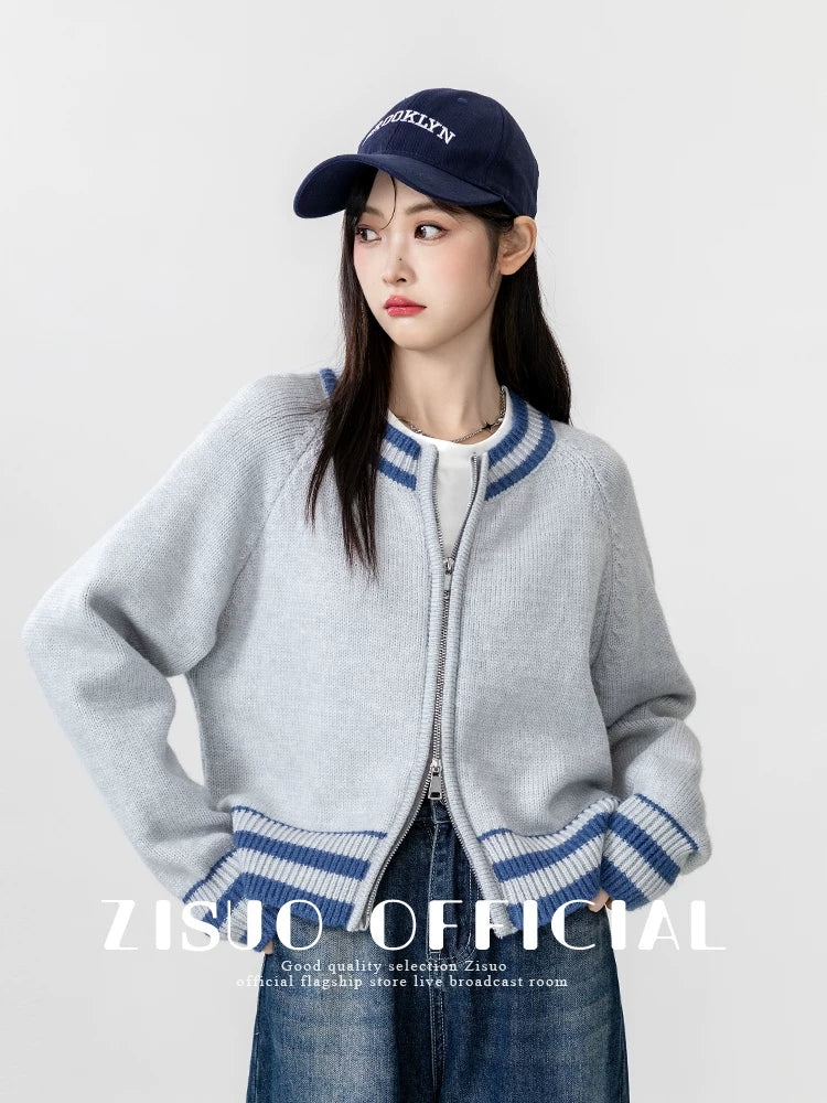 2026春秋新款双拉链灰色毛衣外套女宽松针织棒球服开衫短款上衣潮