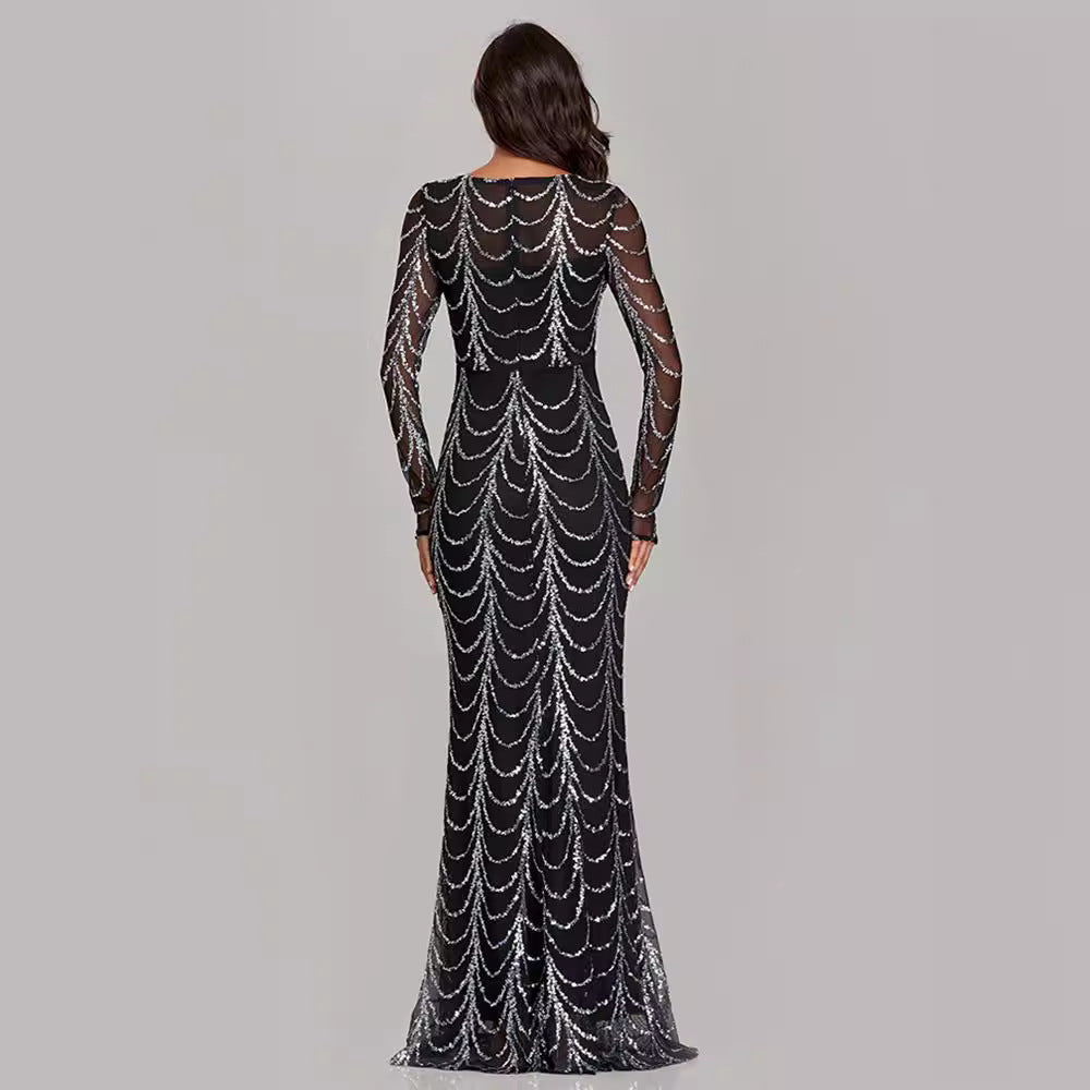 Women's Round-Neck Long-Sleeve Sequin Mermaid Evening Dress