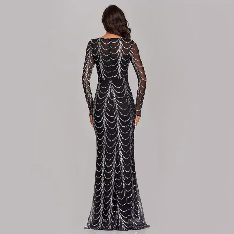 Women's Round-Neck Long-Sleeve Sequin Mermaid Evening Dress