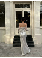 White Ruched Satin Evening Gown with Lace Sleeves — White — view 3