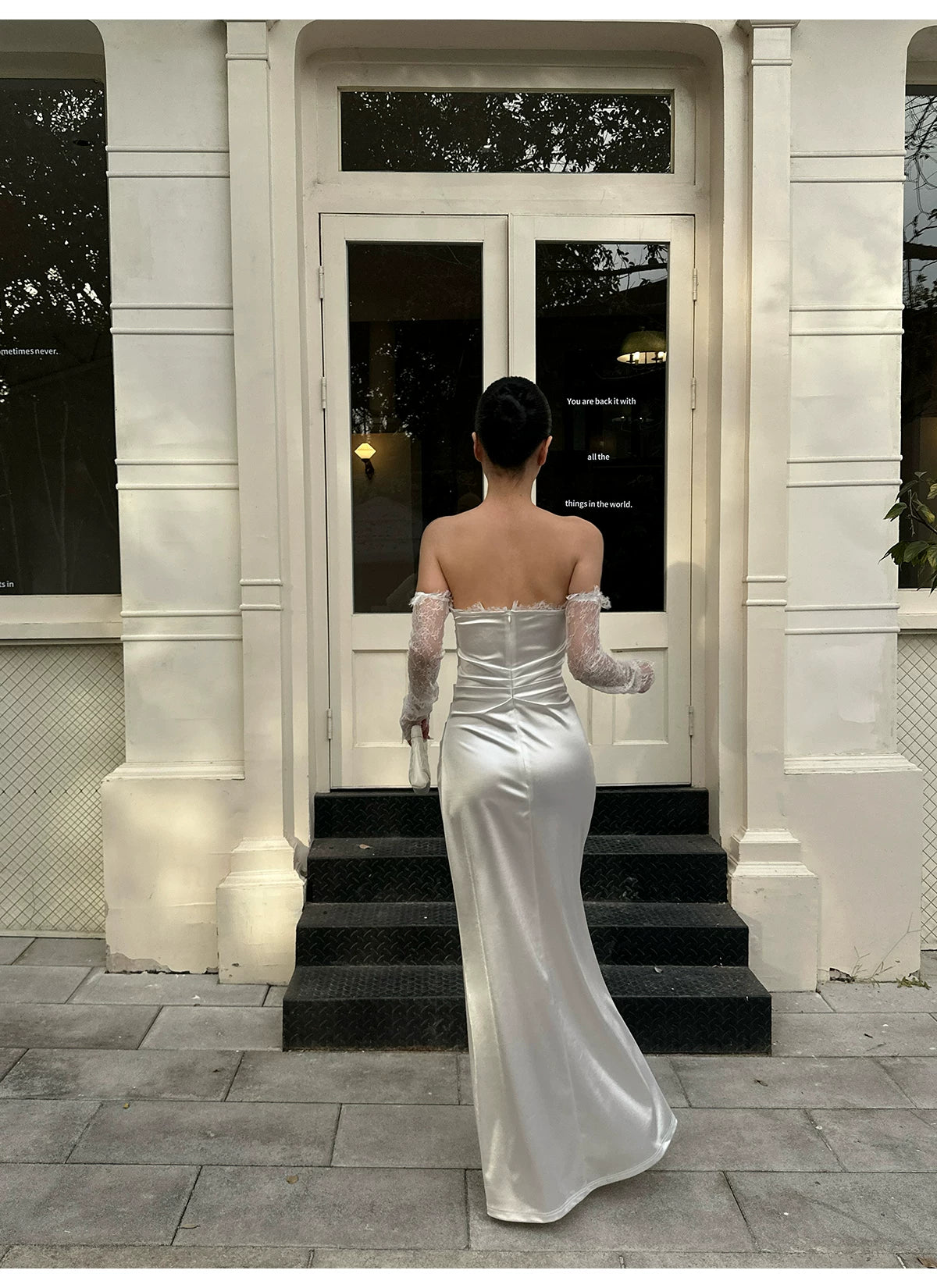 White Ruched Satin Evening Gown with Lace Sleeves — White — view 3