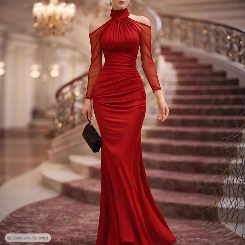 Women's Halter Long-Sleeve Tulle Maxi Evening Dress