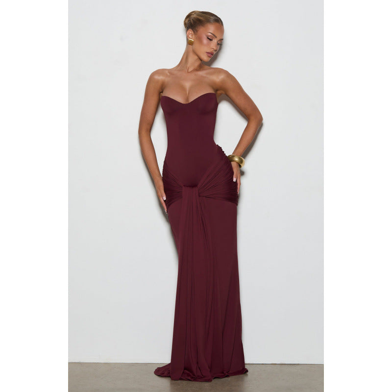 Women's Halter Ruched Maxi Evening Dress - Burgundy