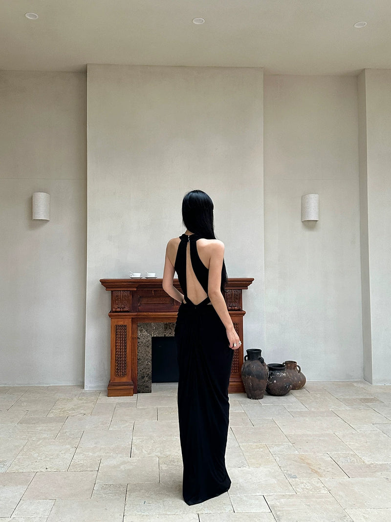 Black Plunge Halter Cutout Slit Maxi Dress - detail or back view