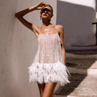 Women's Spaghetti-Strap Sequin Feather-Trim Mini Cocktail Dress with Open Back
