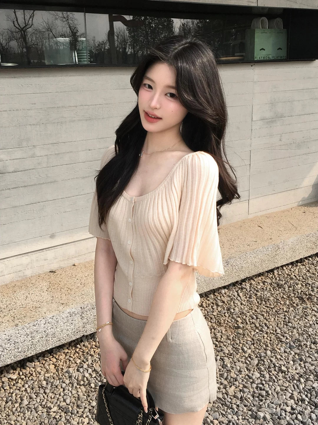 法式蝙蝠袖冰丝亚麻短袖针织衫女夏季独特漂亮初夏收腰风琴褶上衣
