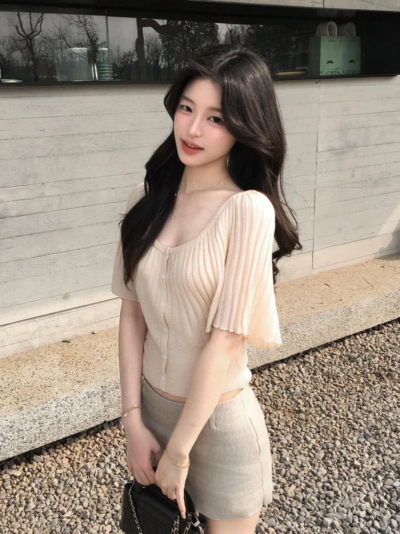 法式蝙蝠袖冰丝亚麻短袖针织衫女夏季独特漂亮初夏收腰风琴褶上衣