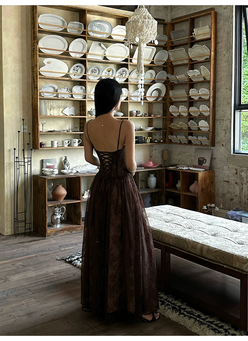 Floral Lace Corset A Line Maxi Dress - detail or back view