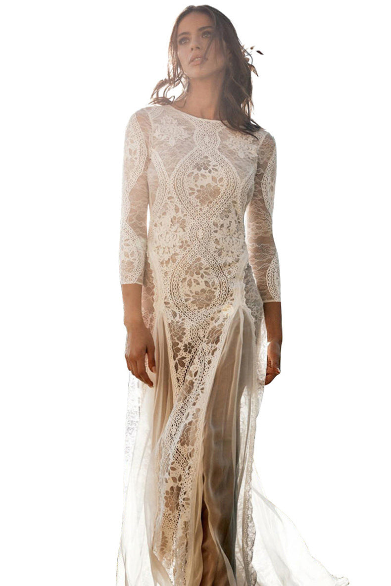Women's Long-Sleeve Lace Open-Back Wedding Dress