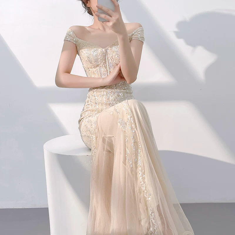 Off-Shoulder Sequin Corset Mermaid Prom Dress — Champagne — view 3