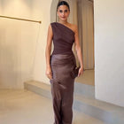 One-Shoulder Backless Bodycon Dress - Dark Brown
