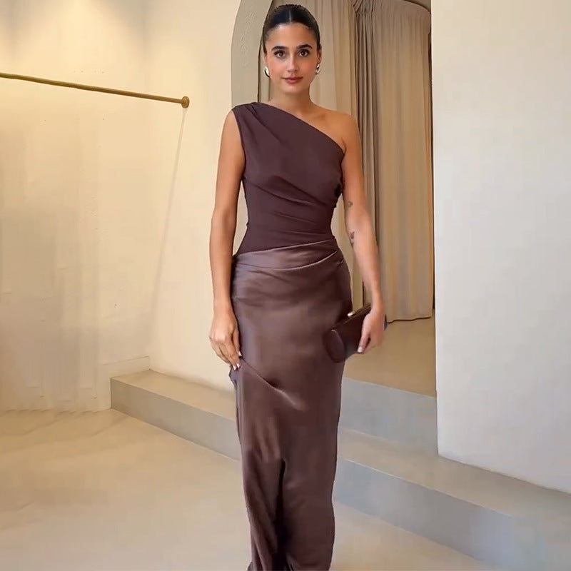 One-Shoulder Backless Bodycon Dress - Dark Brown