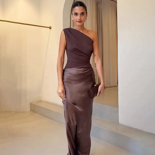 One-Shoulder Backless Bodycon Dress - Dark Brown