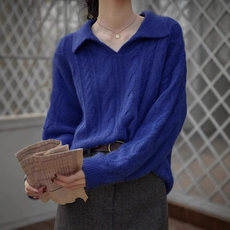 法式复古蓝色麻花翻领针织衫女秋冬慵懒风软糯毛衣高级感polo上衣