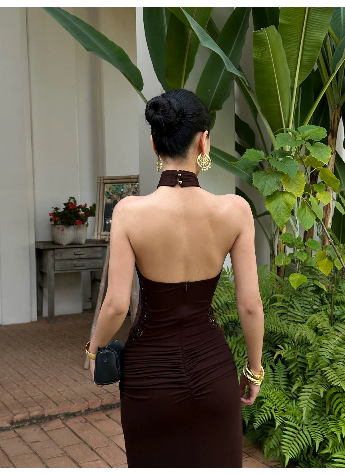 Chocolate Brown Ruched Halter Open Back Maxi Dress - detail or back view