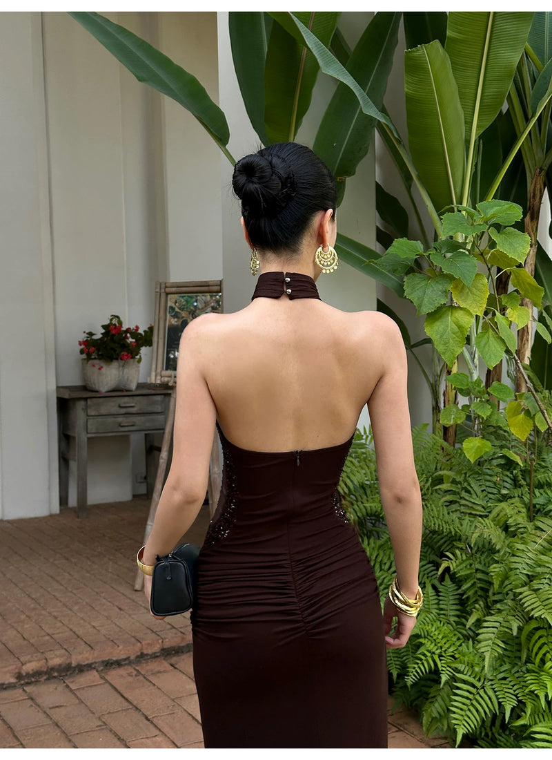 Chocolate Brown Ruched Halter Open Back Maxi Dress - detail or back view