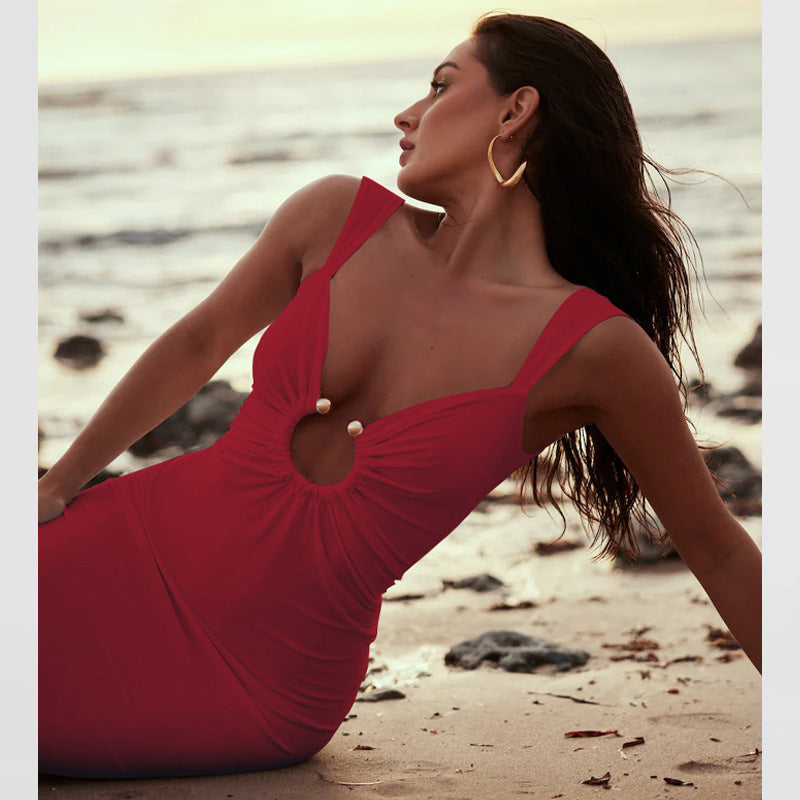 Women's V-Neck Evening Dress with Open Back
