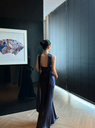 Keyhole Scarf Halter Satin Maxi Dress - detail or back view