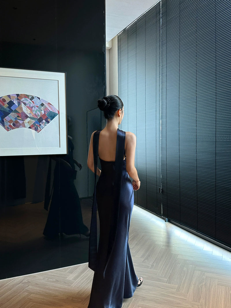 Keyhole Scarf Halter Satin Maxi Dress - detail or back view