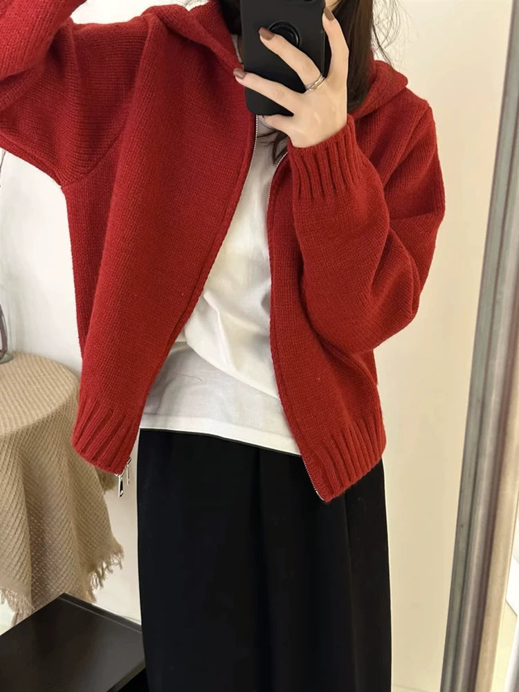 小清新绿色连帽卫衣针织开衫女士秋冬新款宽松外穿软糯毛衣外套潮