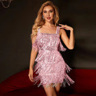 Sequin Fringe Spaghetti-Strap Party Dress - Pink