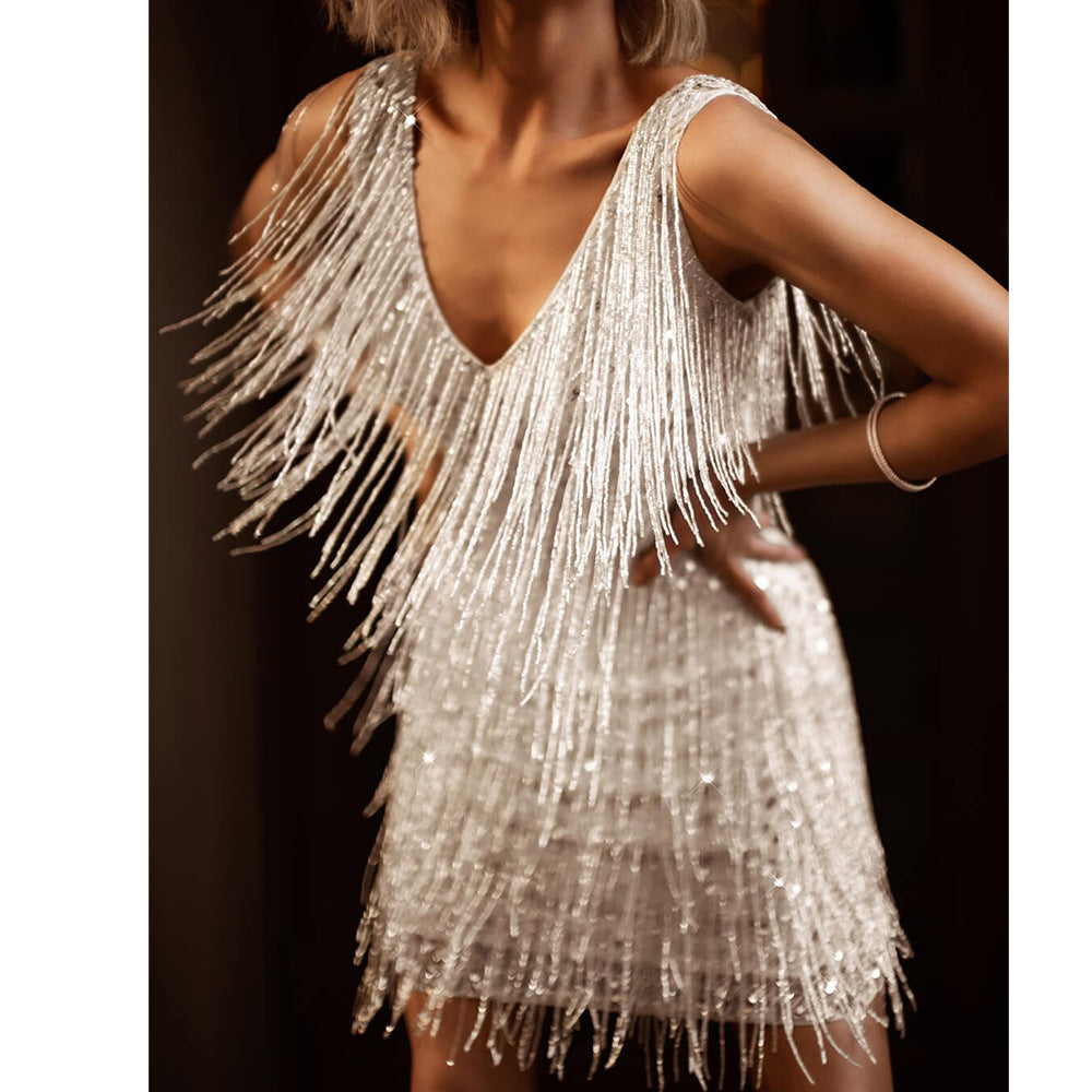 Women's Sleeveless Sequin Fringe Evening Dress - Silver