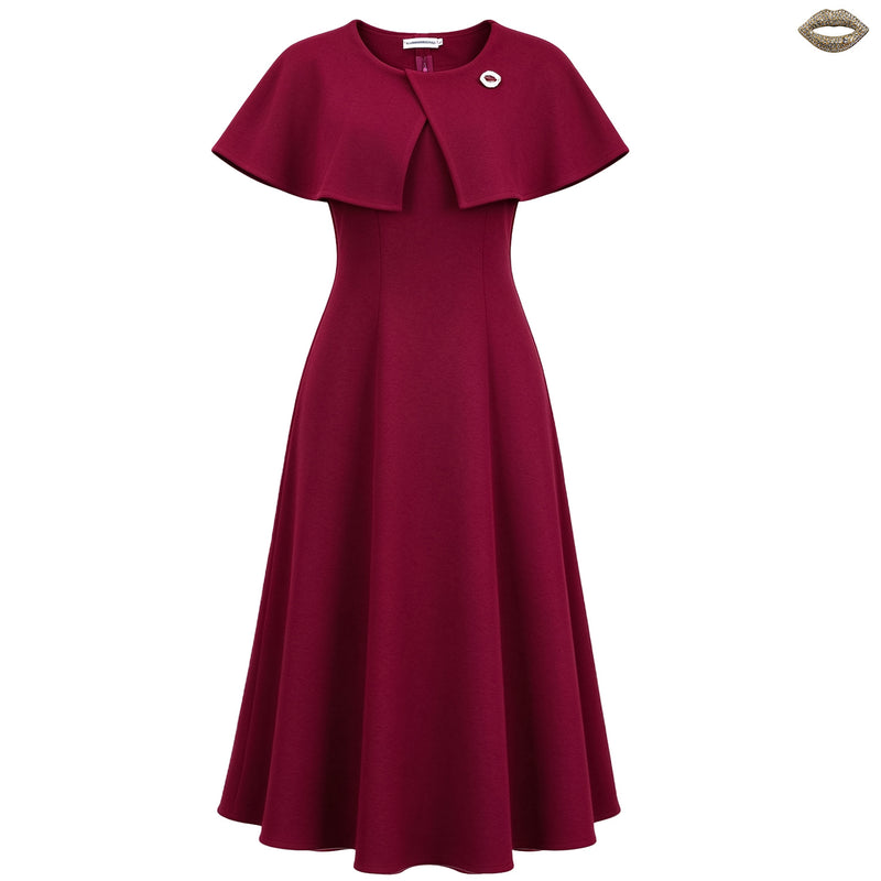Women's Round-Neck A-Line Midi Evening Dress - Burgundy with Brooch