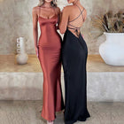 Women's Satin Open-Back Strappy Maxi Evening Dress