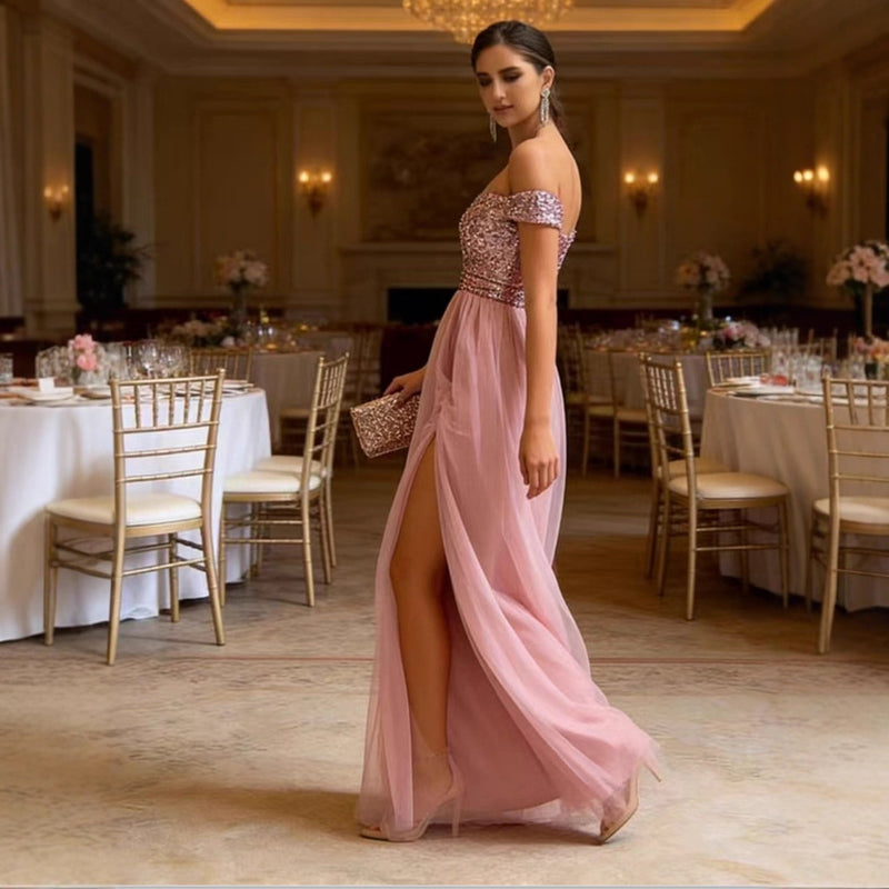 Women's V-Neck Sequin Maxi Evening Dress with Open Back