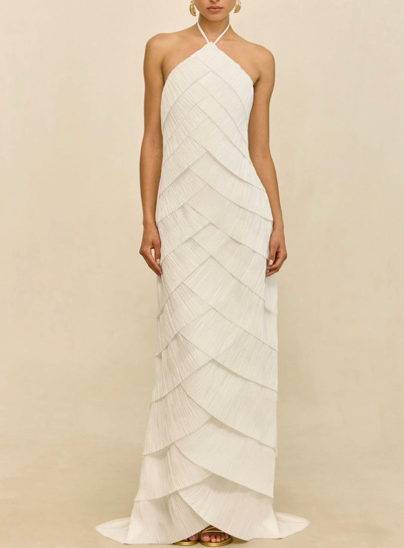 Women's Halter Ruched Maxi Evening Dress with Open Back - White