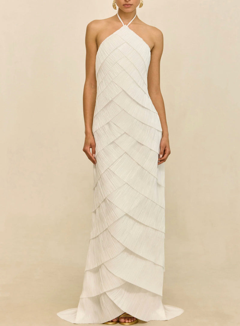 Women's Halter Ruched Maxi Evening Dress with Open Back - White