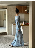 Blue Floral Ring Front Long Sleeve Maxi Dress - detail or back view