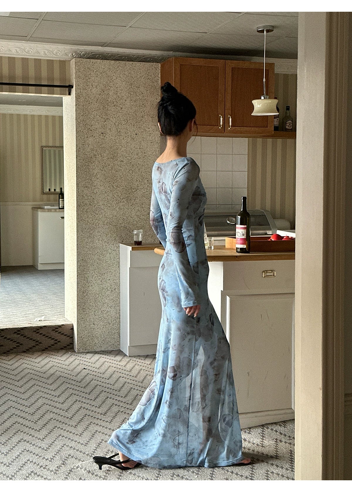 Blue Floral Ring Front Long Sleeve Maxi Dress - detail or back view